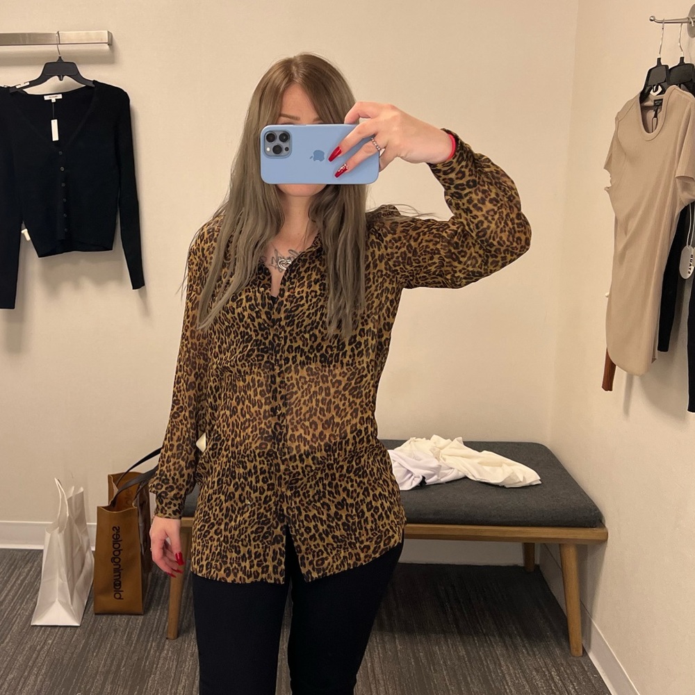 Sheer long sleeve button up leopard blouse